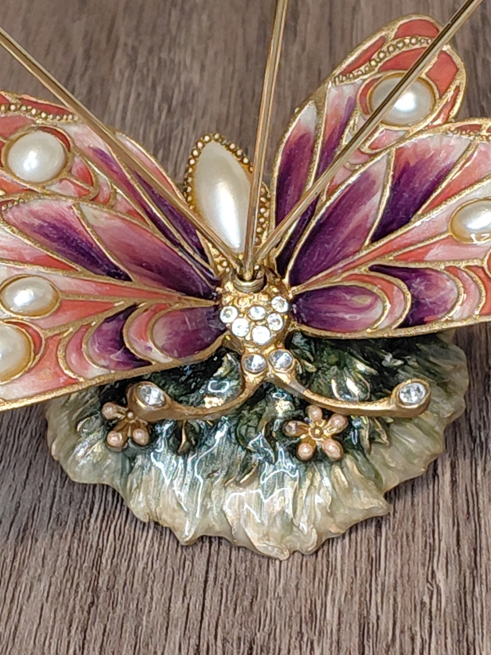 Vintage Butterfly Photo/Card Display MCM Style Brass Pearl Rhinestone Ornate